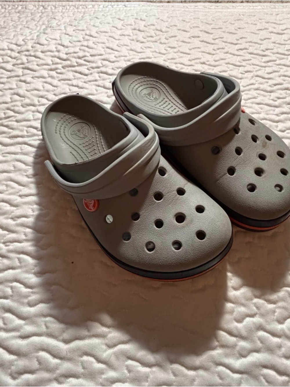 CROCS Kids Gray Clog Sandals with Navy/orange Accent